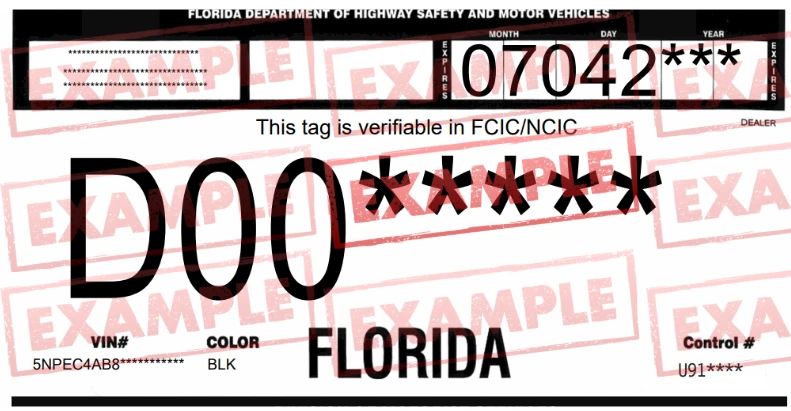 Ejemplo de las placas temporales en Florida Ejemplo actualizado Ejemplo de las placas temporales en Florida