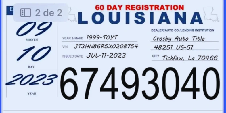 Ejemplo de las placas temporales en Louisiana T-Mark Ejemplo actualizado de las placas temporales en Louisiana T-Mark