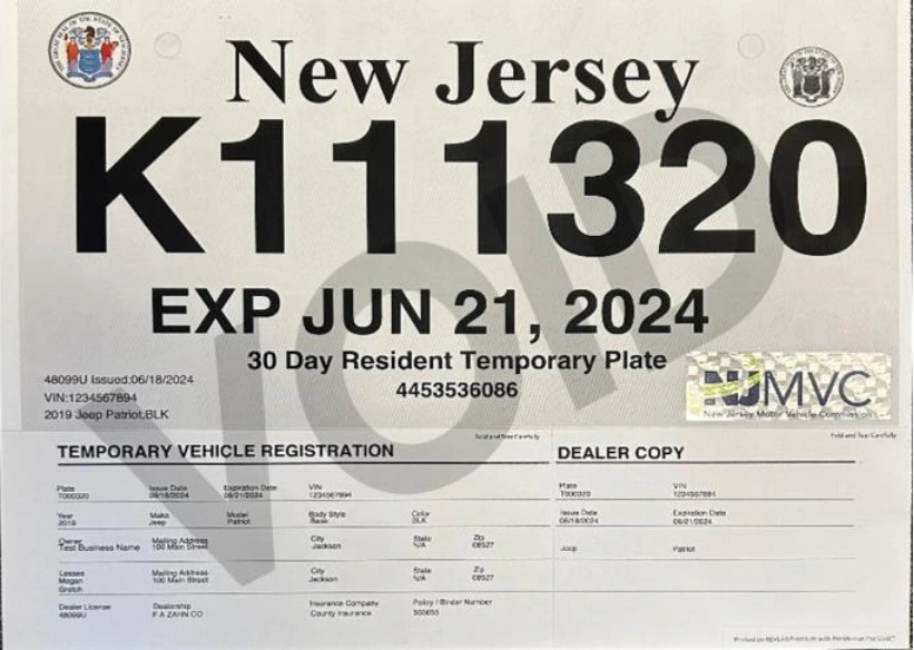 Nueva placa temporal New Jersey Ejemplo de Nueva placa temporal New Jersey