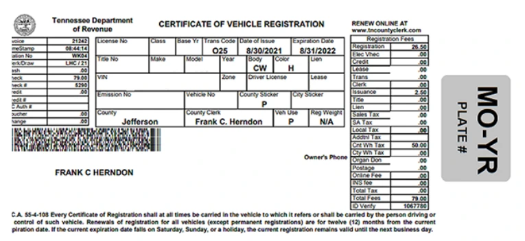 sticker de placas en Tennessee Ejemplo de sticker de placas en Tennessee y registration