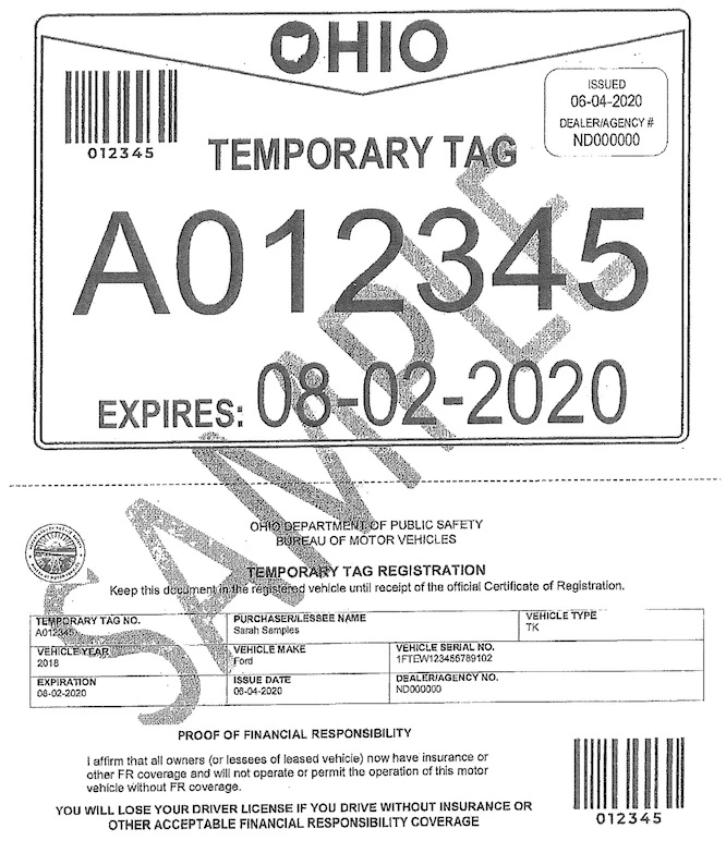 ejemplo de placas temporales en Ohio Un ejemplo de placas temporales en Ohio