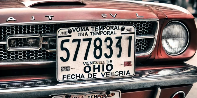 Automóvil con placa temporal en Ohio estacionado en la vía pública Un automóvil con una placa temporal en Ohio estacionado en una calle concurrida, con un enfoque en la autenticidad de la placa
