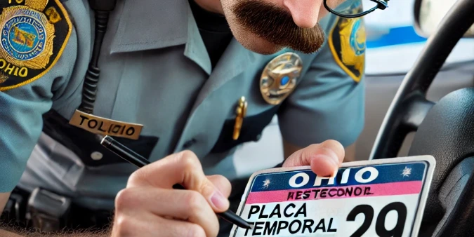 Policía en Ohio inspeccionando una placa temporal en un vehículo detenido Un oficial de policía en Ohio revisando la validez de una placa temporal de un automóvil durante un control vehicular