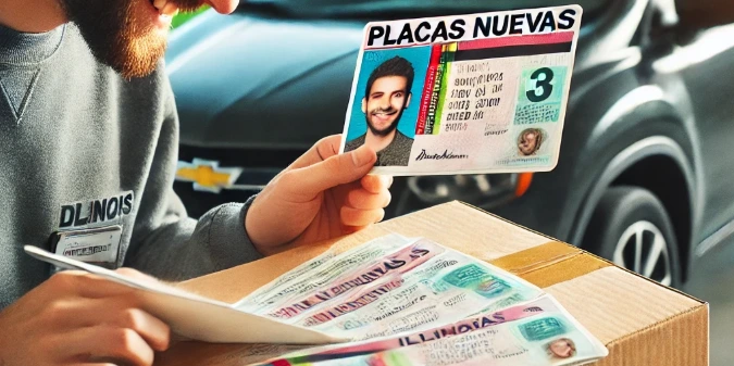 Entrega de placas nuevas en Illinois Un sobre oficial con placas nuevas de Illinois siendo entregado a un propietario en su domicilio, con etiquetas del DMV de Illinois visibles.