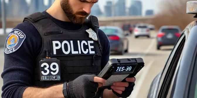 Oficial de policía verificando placa temporal en Illinois Un oficial de policía en Illinois revisa una placa temporal de un automóvil detenido en la carretera, utilizando un dispositivo electrónico para escanear la información.