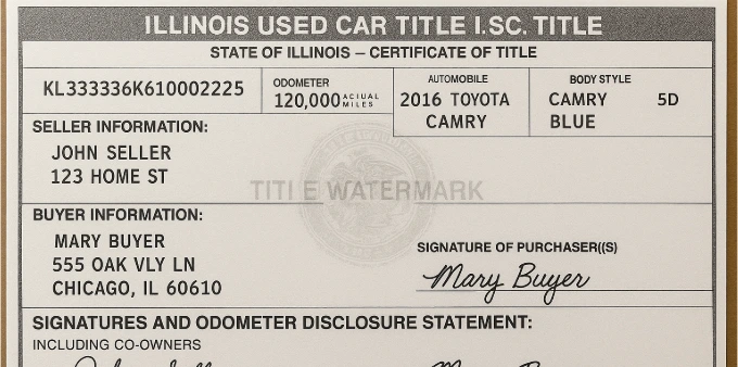 Ejemplo de título de carro completado en Illinois para transferencia de propiedad. Un título de carro usado del estado de Illinois completado con detalles del comprador, vendedor y la información del vehículo.