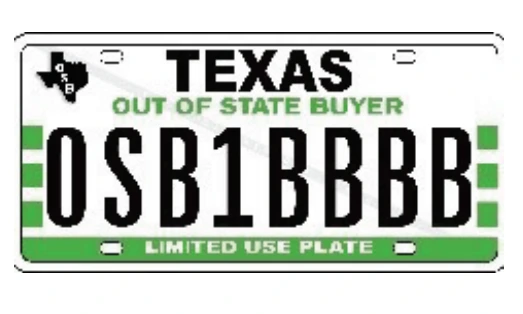 Placa para compradores de fuera del estado de Texas Ejemplo de Placa para compradores de fuera del estado de Texas